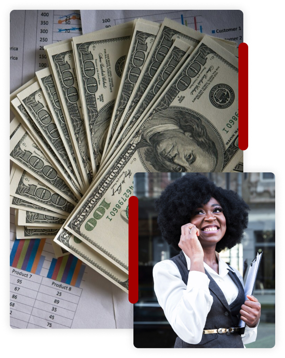 Woman smiling on a phone call beside a fan of hundred-dollar bills